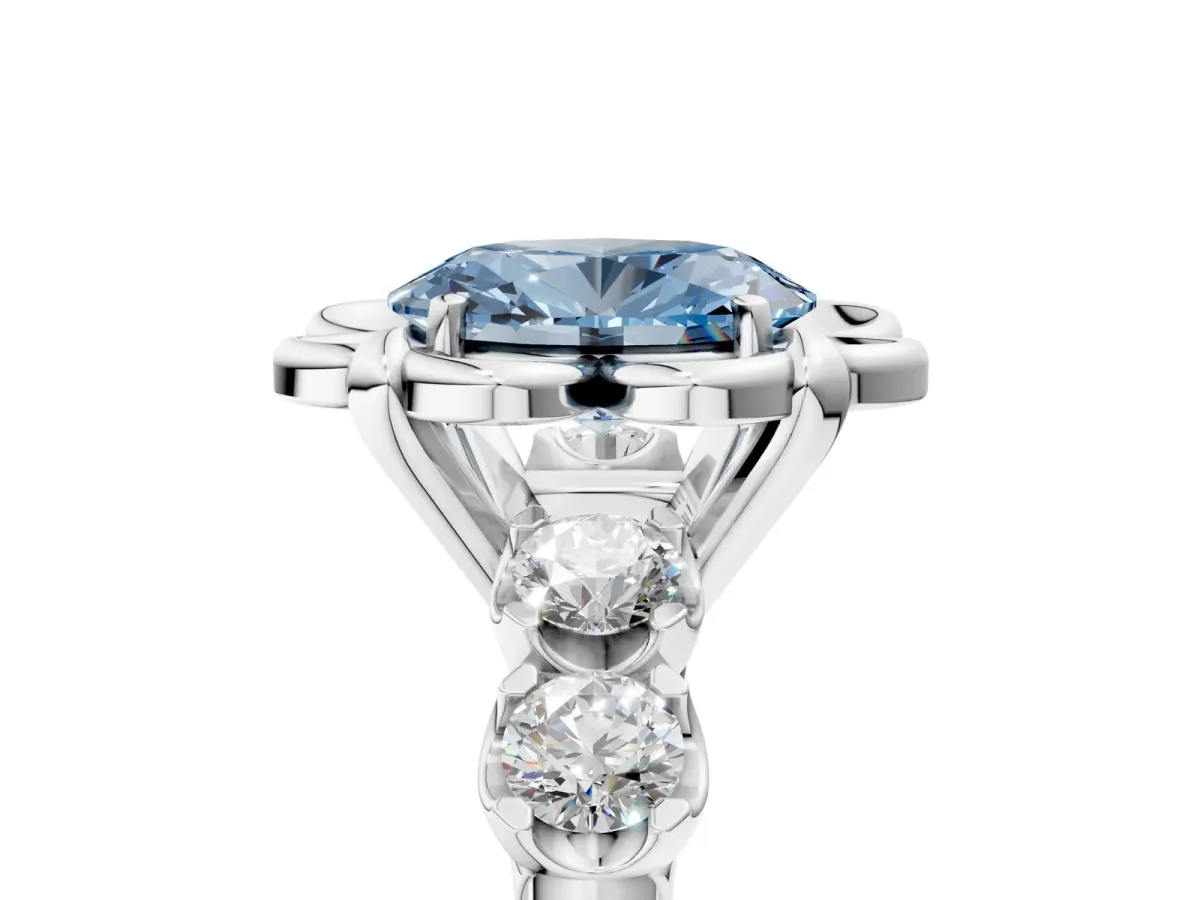 Fancy Blue Oval Cut Cut Diamond Floral Halo Engagement Ring with Shared Prong Setting Silver