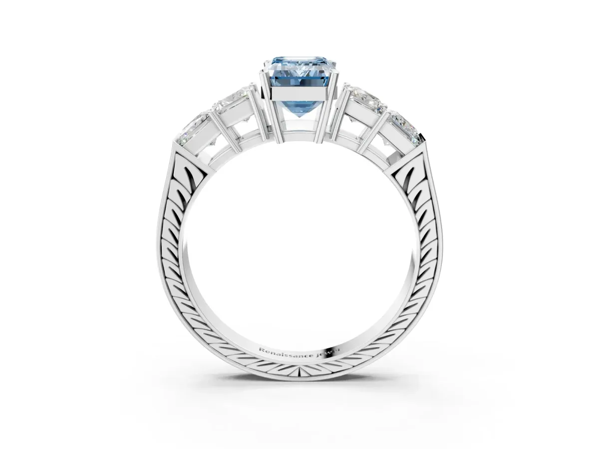 Fancy Blue Emerald Cut Solitaire Princess Side Stone Engraved Band Prong Setting Ring Silver