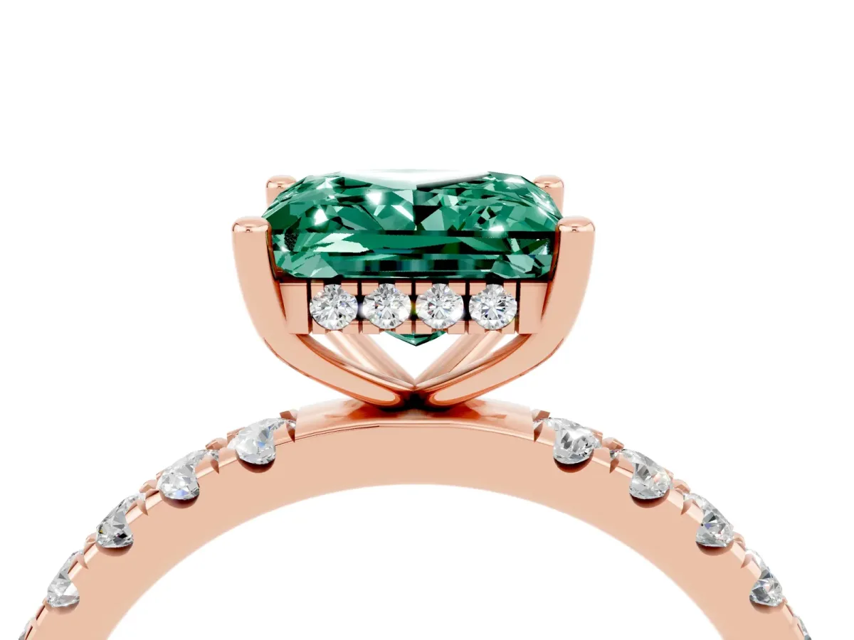 Princess Cut Green Sapphire Pave Band Solitaire Ring with Round and Prong Setting Rose gold