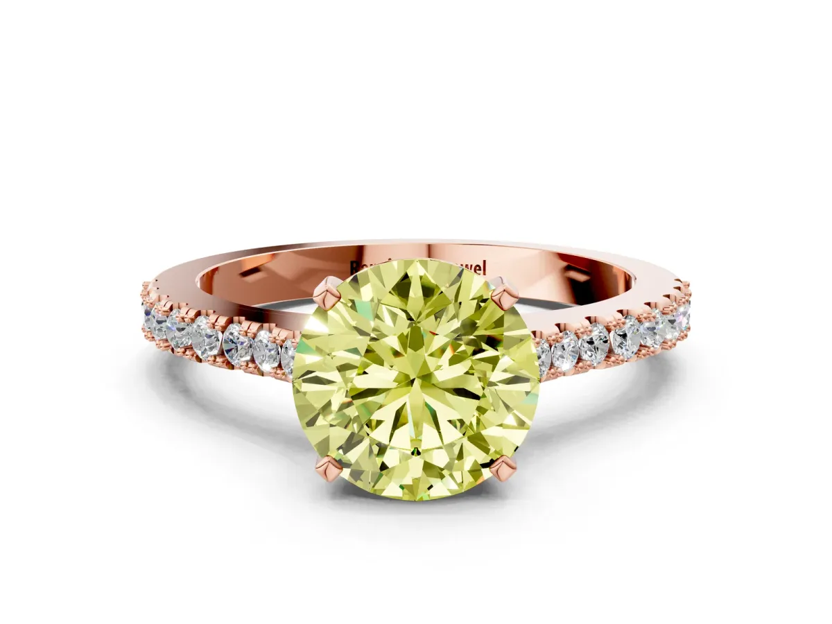 Fancy Yellow Round Cut Cut Solitaire Diamond Engagement Ring with Pave Band and Four-Prong Setting Rose gold