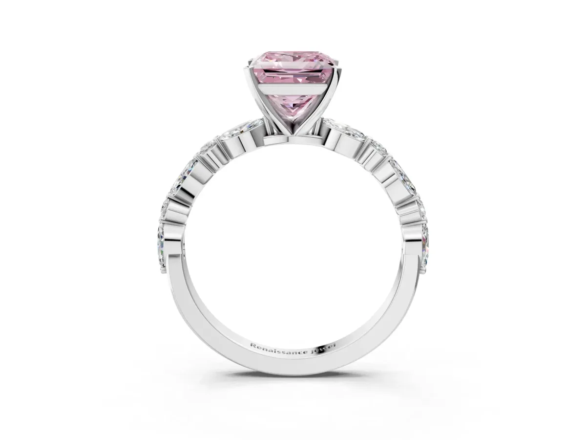 Fancy Pink Princess Cut Diamond Ring with Marquise and Round Side Stones and Four-Prong Setting White gold