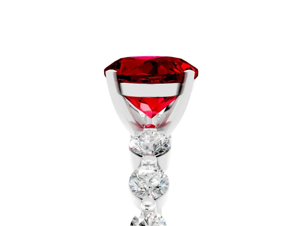 Round Cut Solitaire Ruby Ring with Pave Band and Four-Prong Setting White gold