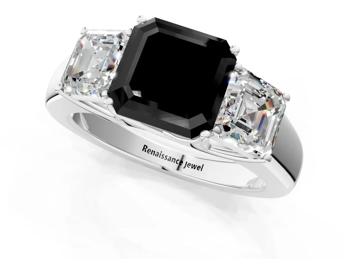 Fancy Black Three-Stone Asscher Cut Cut Diamond Ring with Prong Setting and Classic Band Platinum