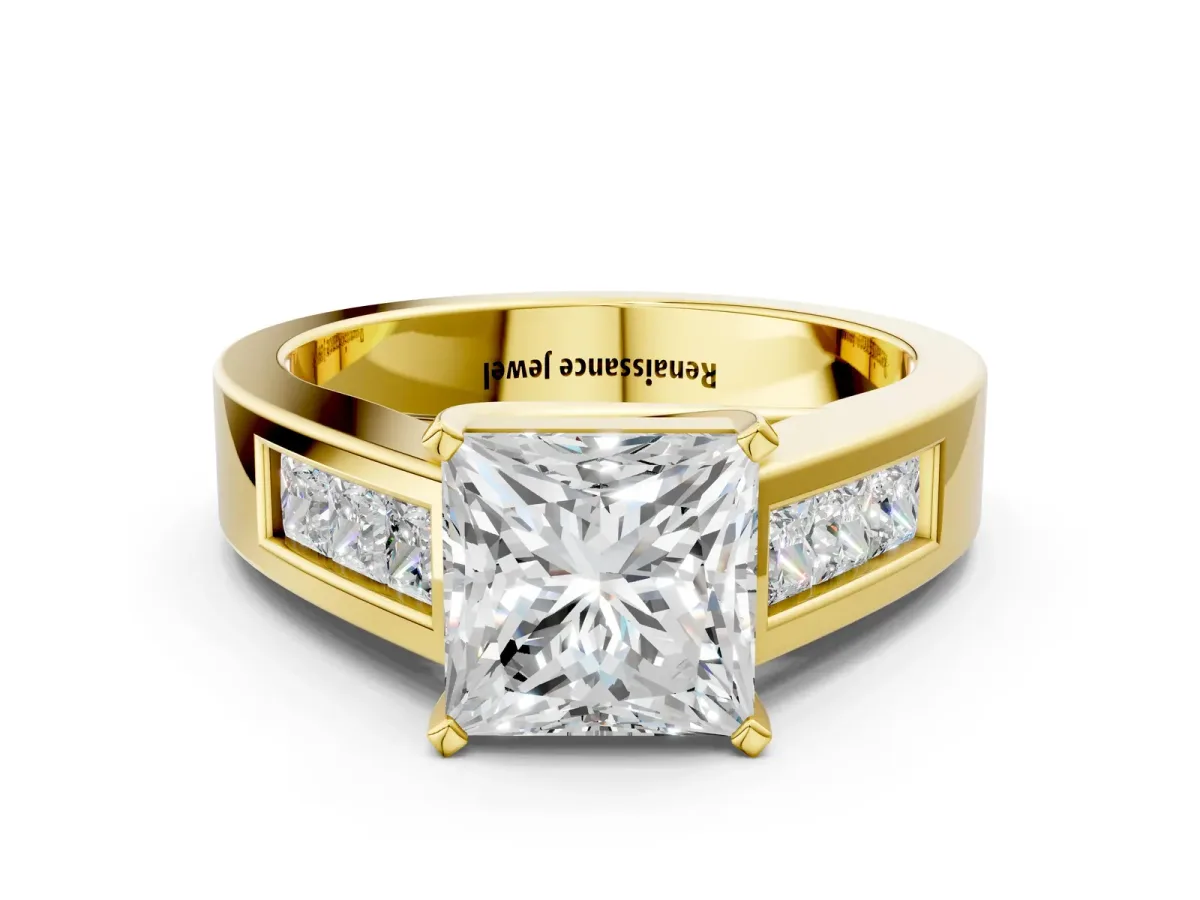 Princess Cut Cut Channel Set Solitaire Ring with Four-Prong Setting Yellow gold