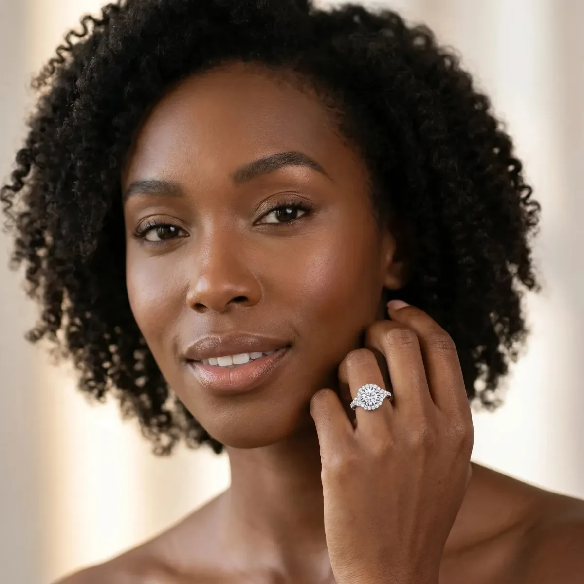 Round Cut Diamond Halo Ring with Pavé Band and Four-Prong Setting Silver