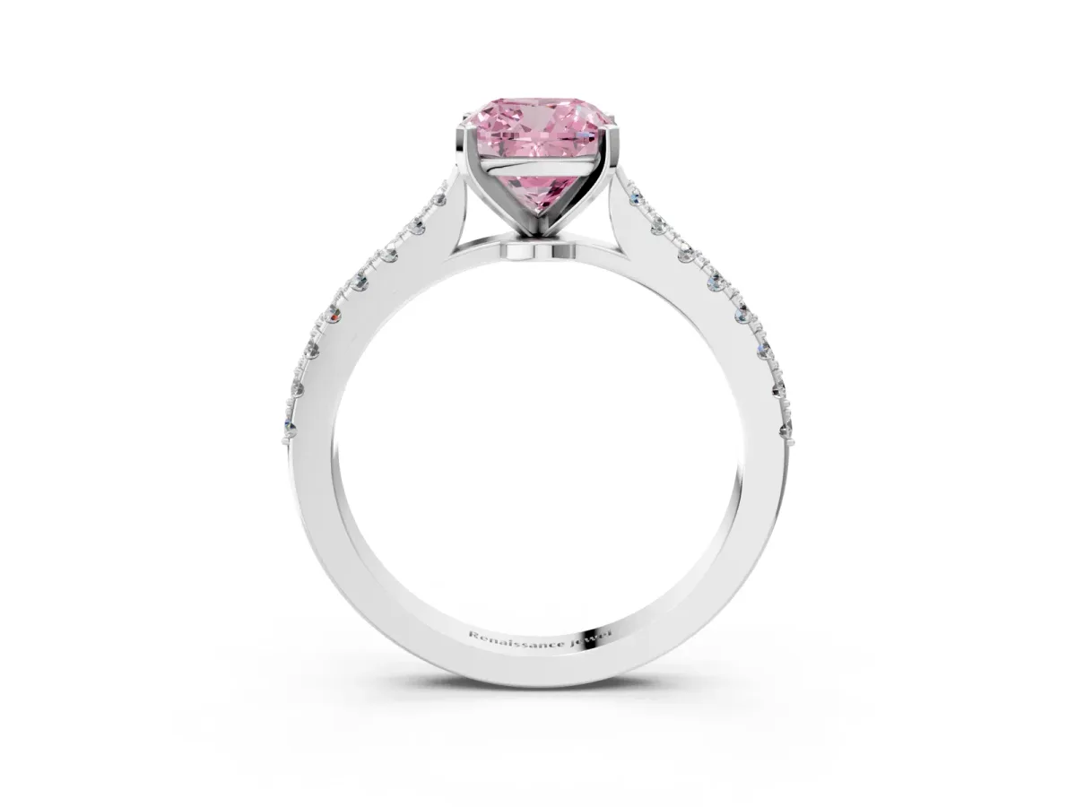 Fancy Pink Cushion Cut Cut Solitaire Diamond Engagement Ring with Pave Band and Four-Prong Setting White gold