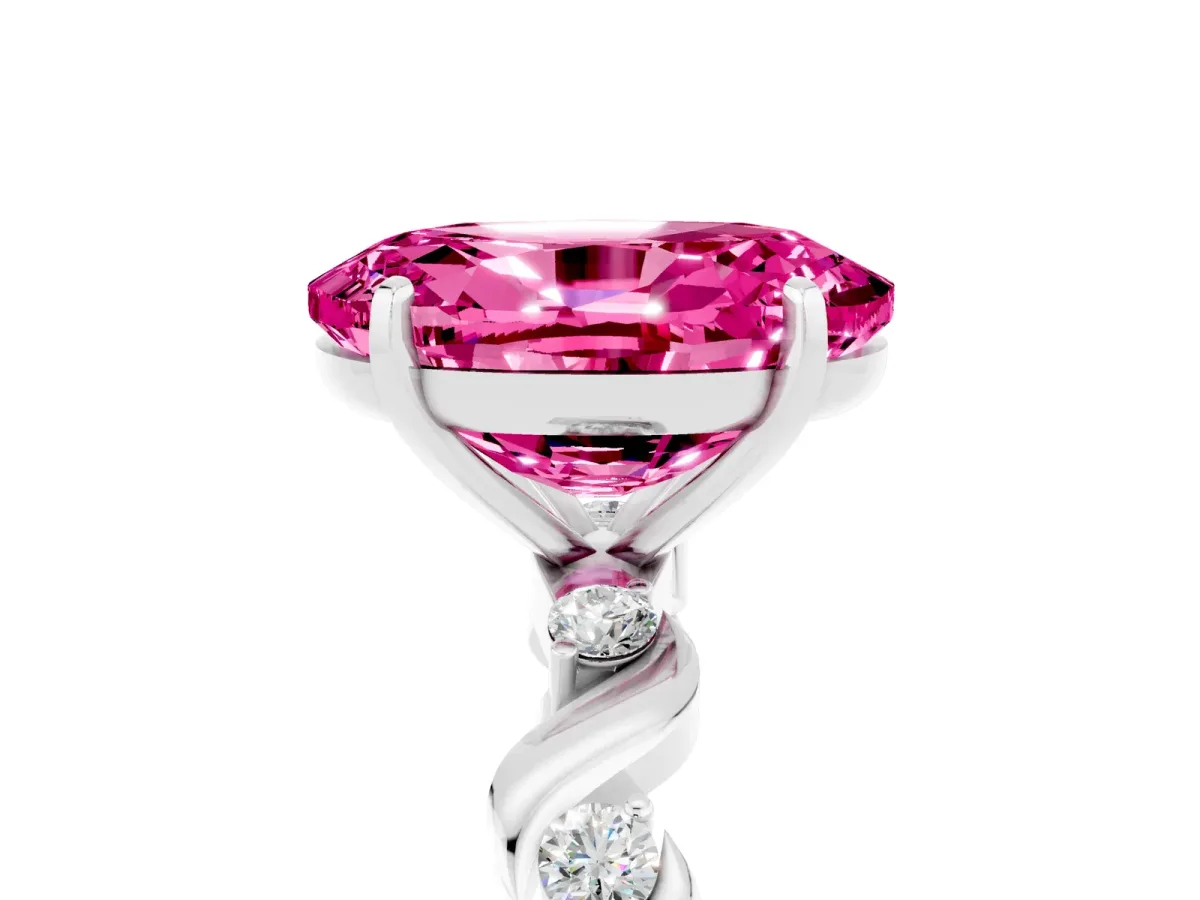 Oval Cut Pink Sapphire Solitaire Twisted Band with Round Accents and Prong Setting White gold