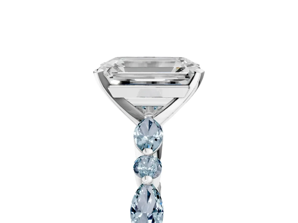 Emerald Cut Diamond Ring with Marquise and Round Aquamarine Side Stones and Four-Prong Setting White gold