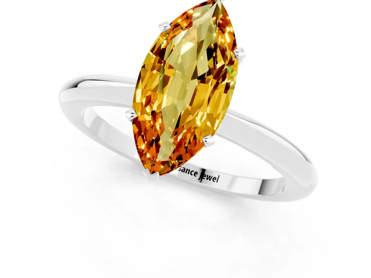Marquise Cut Citrine Solitaire Ring with Six-Prong Setting and Classic Band Silver