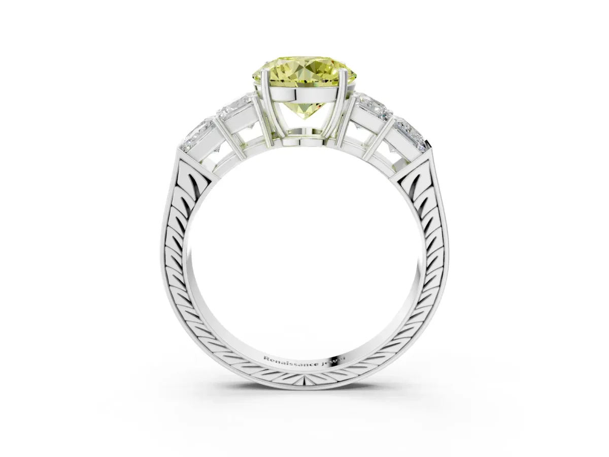 Fancy Yellow Round Cut Solitaire Princess Side Stone Engraved Band Prong Setting Ring Silver