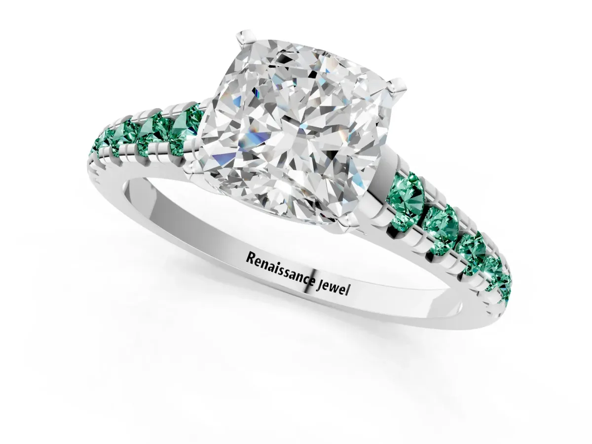 Cushion Cut Diamond Cathedral Solitaire Ring with Round Green Sapphire Pavé Band White gold