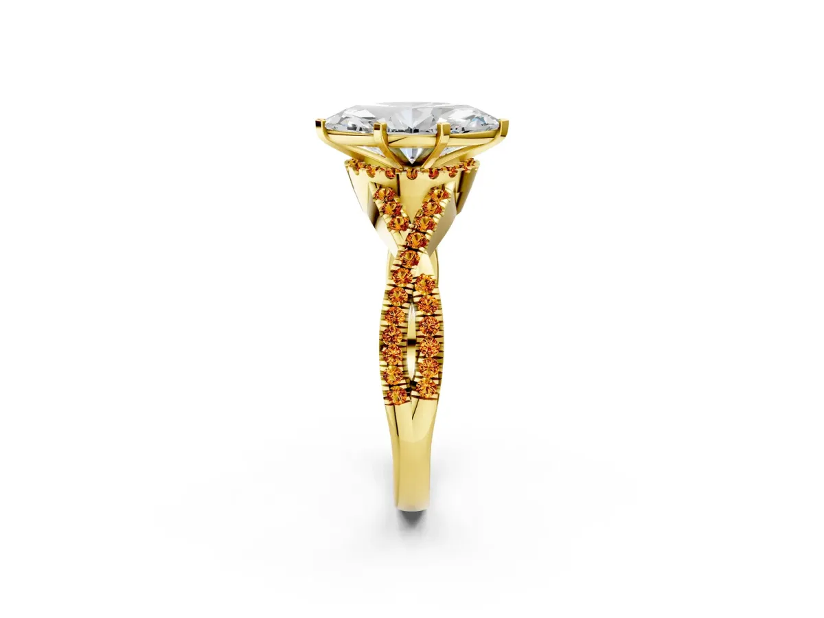 Heart Cut Diamond Citrine Halo Twist Band Solitaire Prong Setting Ring Yellow gold