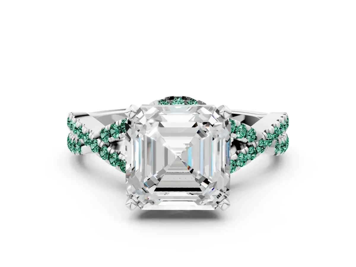 Asscher Cut Diamond Green Sapphire Halo Twist Band Solitaire Prong Setting Ring White gold