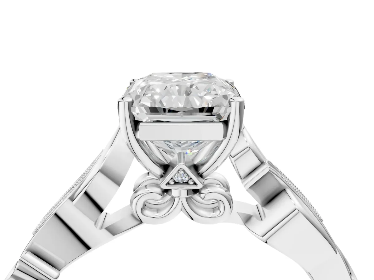 Radiant Cut Solitaire Vine Band with Milgrain Prong Setting Platinum