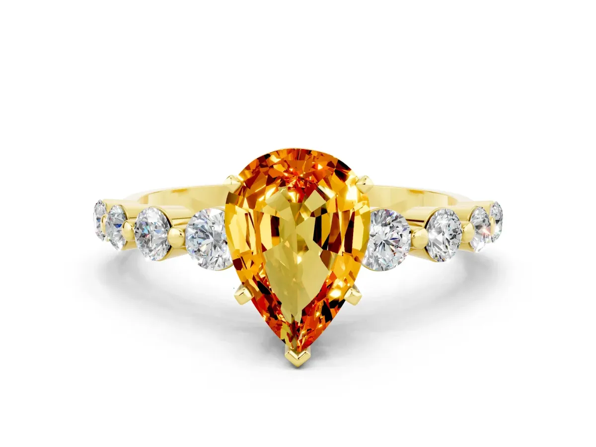 Pear Cut Solitaire Citrine Ring with Pave Band and Four-Prong Setting Yellow gold
