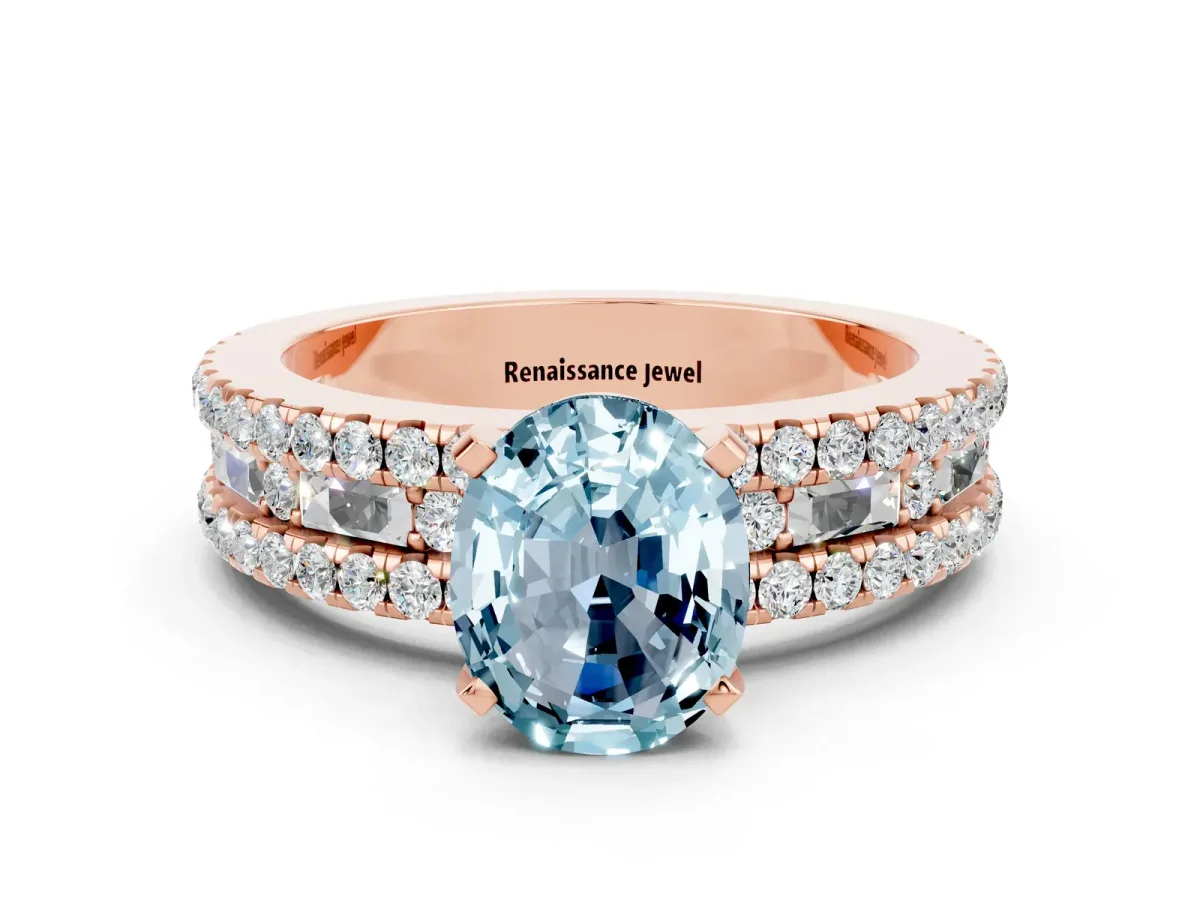 Oval Cut Aquamarine Solitaire Ring with Pavé and Channel Set Band Rose gold