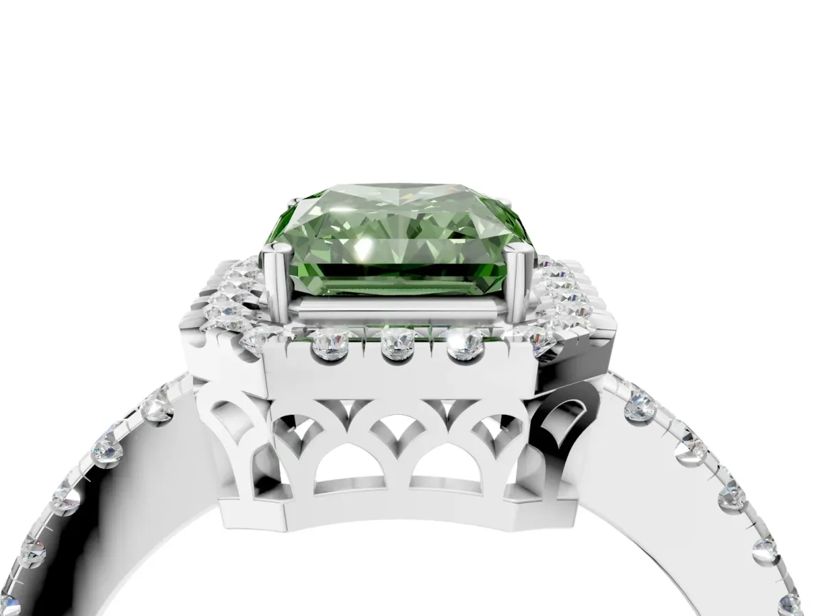 Fancy Green Radiant Cut Halo Diamond Engagement Ring with Pavé Band and Four-Prong Setting Platinum