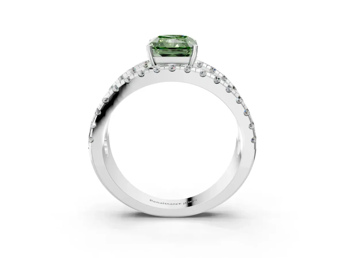Fancy Green Radiant Cut Solitaire Split Shank Pave Diamond Ring Platinum
