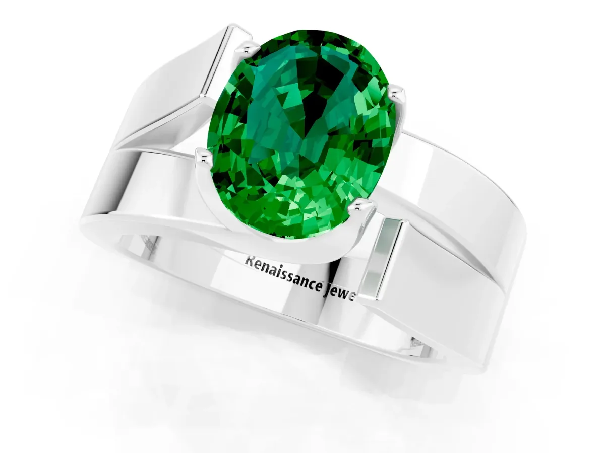 Modern Tension Set Oval Cut Emerald Solitaire Wide Band Ring Platinum