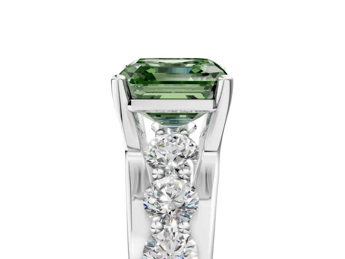 Fancy Green Asscher Cut Brilliant Solitaire with Side Stones on a Pave Band and Four-Prong Setting Platinum
