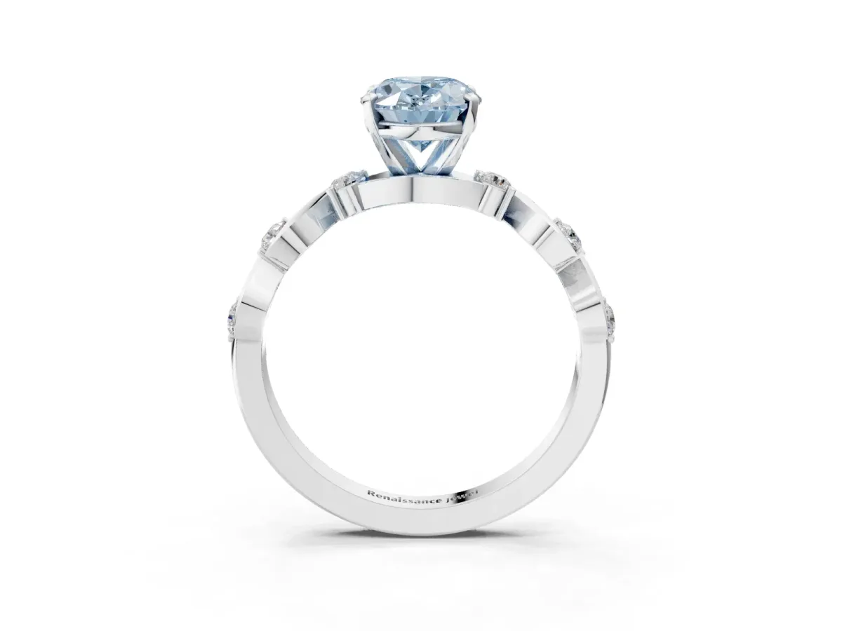 Fancy Blue Oval Cut Diamond Solitaire Twisted Band with Round Accents and Prong Setting Silver
