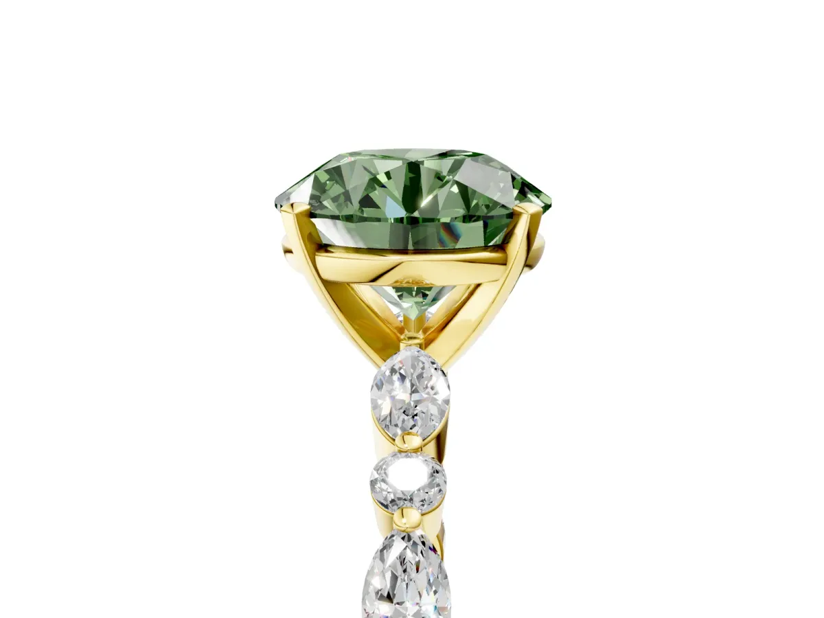 Fancy Green Round Cut Diamond Ring with Marquise and Round Side Stones and Four-Prong Setting Yellow gold