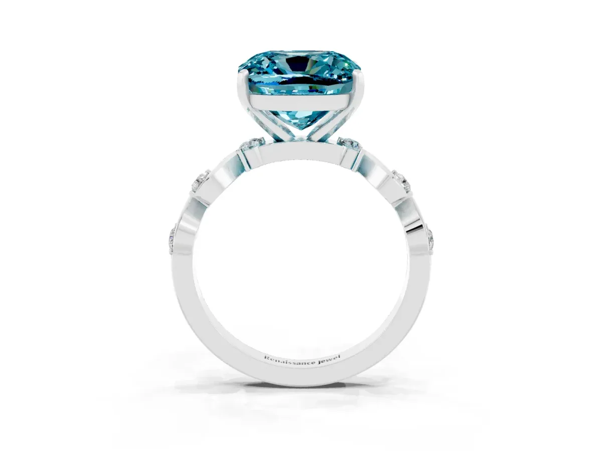 Cushion Cut Blue Topaz Solitaire Twisted Band with Round Accents and Prong Setting White gold