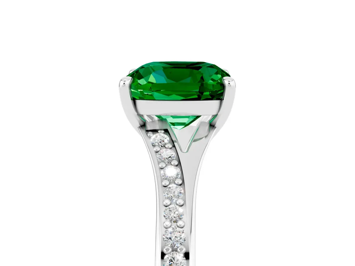 Cushion Cut Emerald Solitaire Ring with Pavé Band and Prong Setting Silver