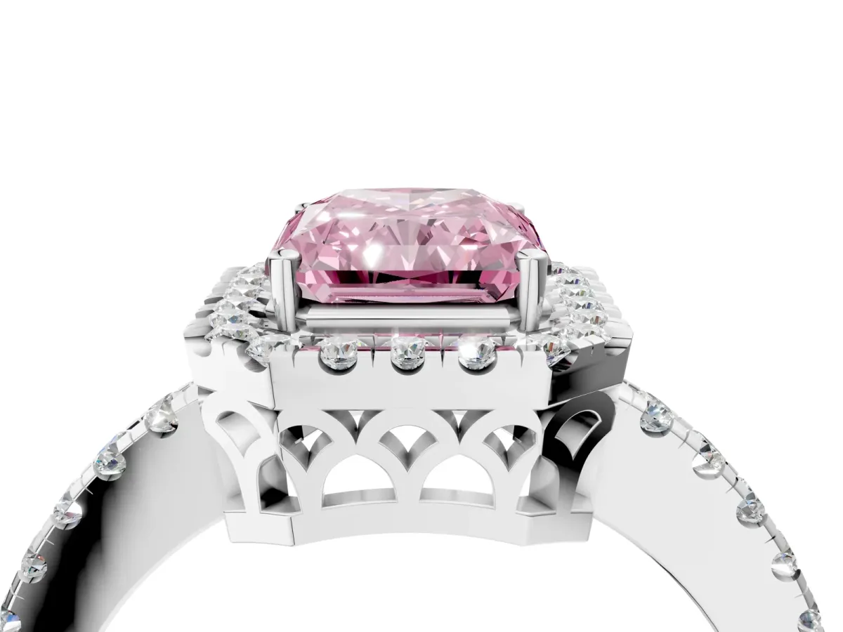 Fancy Pink Radiant Cut Halo Diamond Engagement Ring with Pavé Band and Four-Prong Setting Platinum