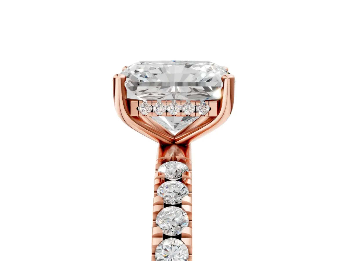Radiant Cut Diamond Pave Band Solitaire Ring with Round Moissanite and Prong Setting Rose gold