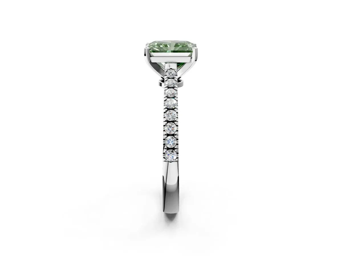 Fancy Green Radiant Cut Cut Solitaire Diamond Engagement Ring with Pave Band and Four-Prong Setting White gold