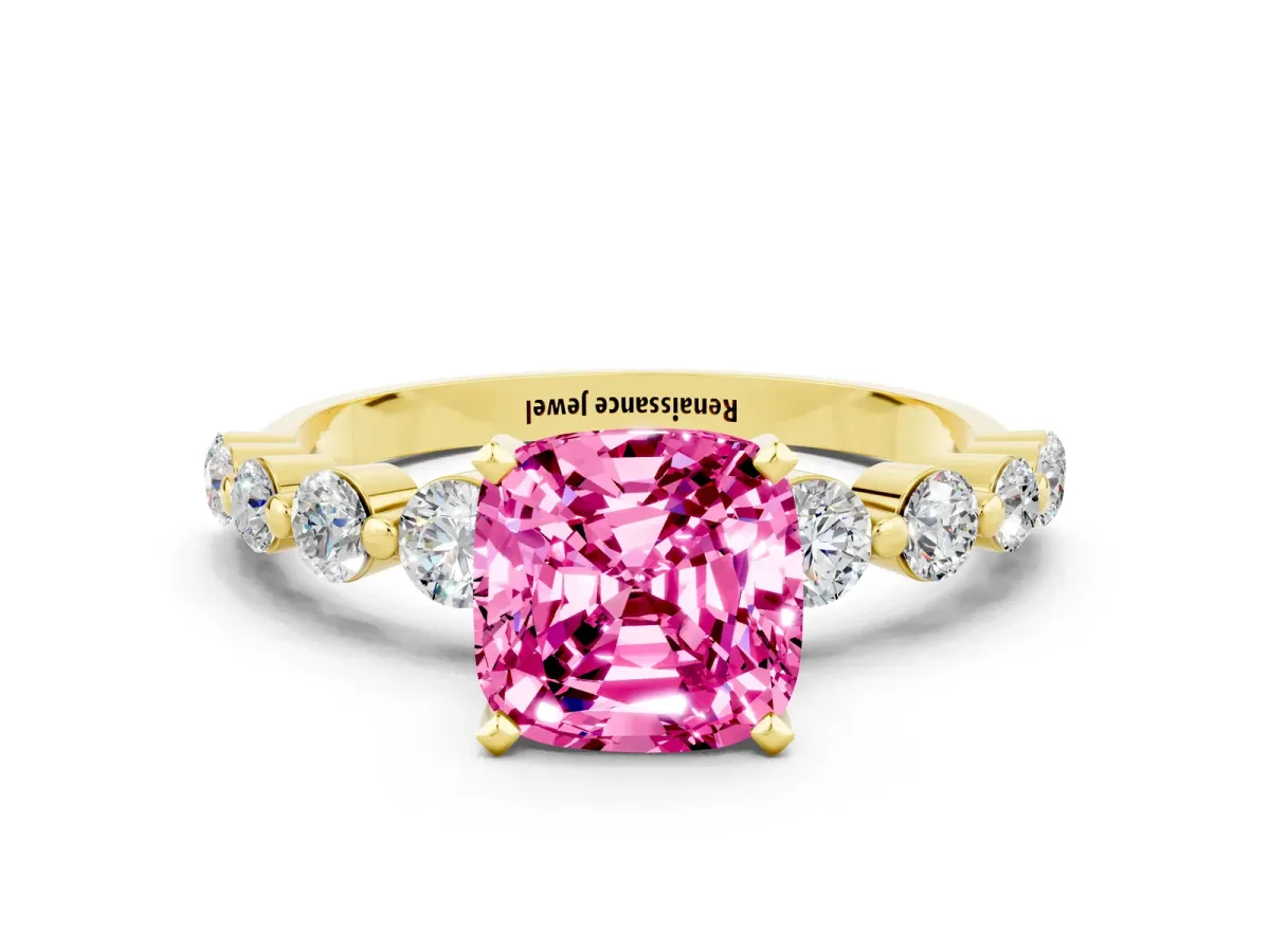 Cushion Cut Solitaire Pink Sapphire Ring with Pave Band and Four-Prong Setting Yellow gold