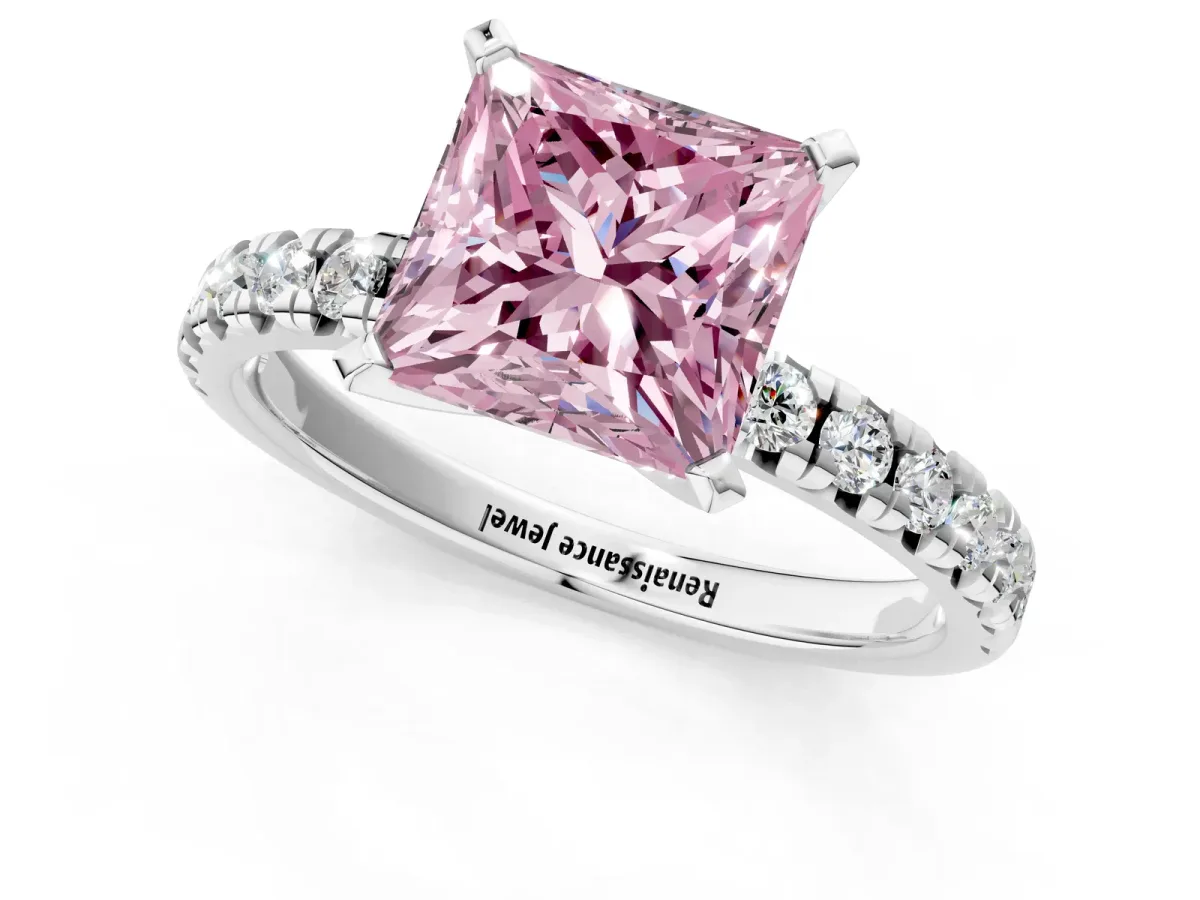 Fancy Pink Princess Cut Diamond Solitaire Pavé Engagement Ring with Round Band and Prong Setting White gold