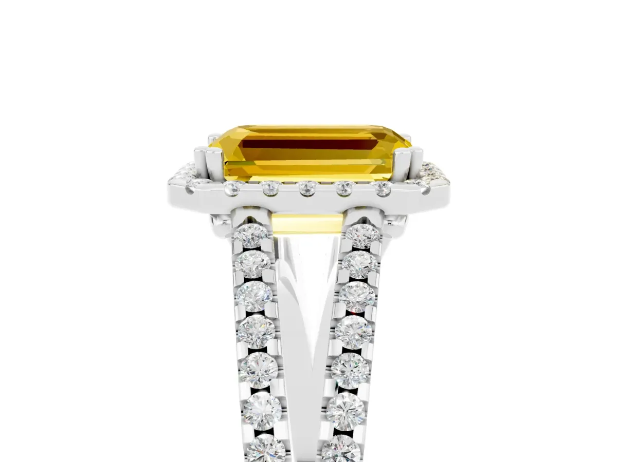 Emerald Cut Yellow Sapphire Halo Split Shank Engagement Ring Platinum