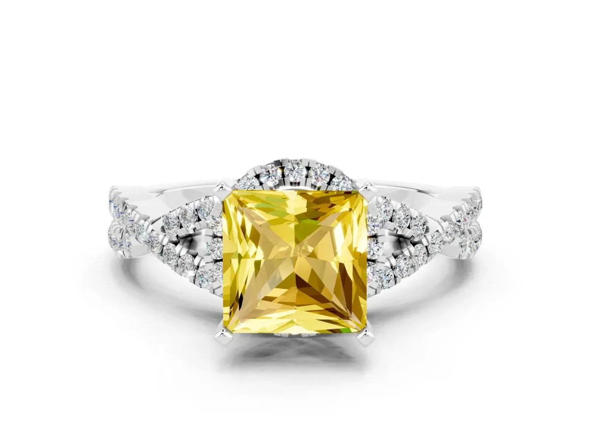 Princess Cut Yellow Sapphire Halo Twist Band Solitaire Prong Setting Ring White gold