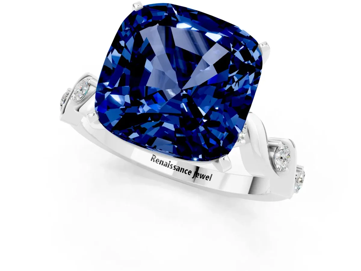 Cushion Cut Blue Sapphire Solitaire Twisted Band with Round Accents and Prong Setting White gold