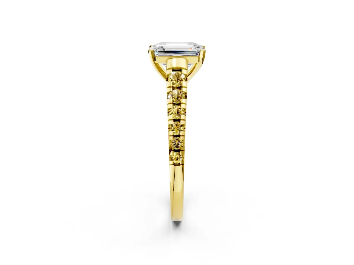 Emerald Cut Diamond Cathedral Solitaire Ring with Round Yellow Sapphire Pavé Band Yellow gold