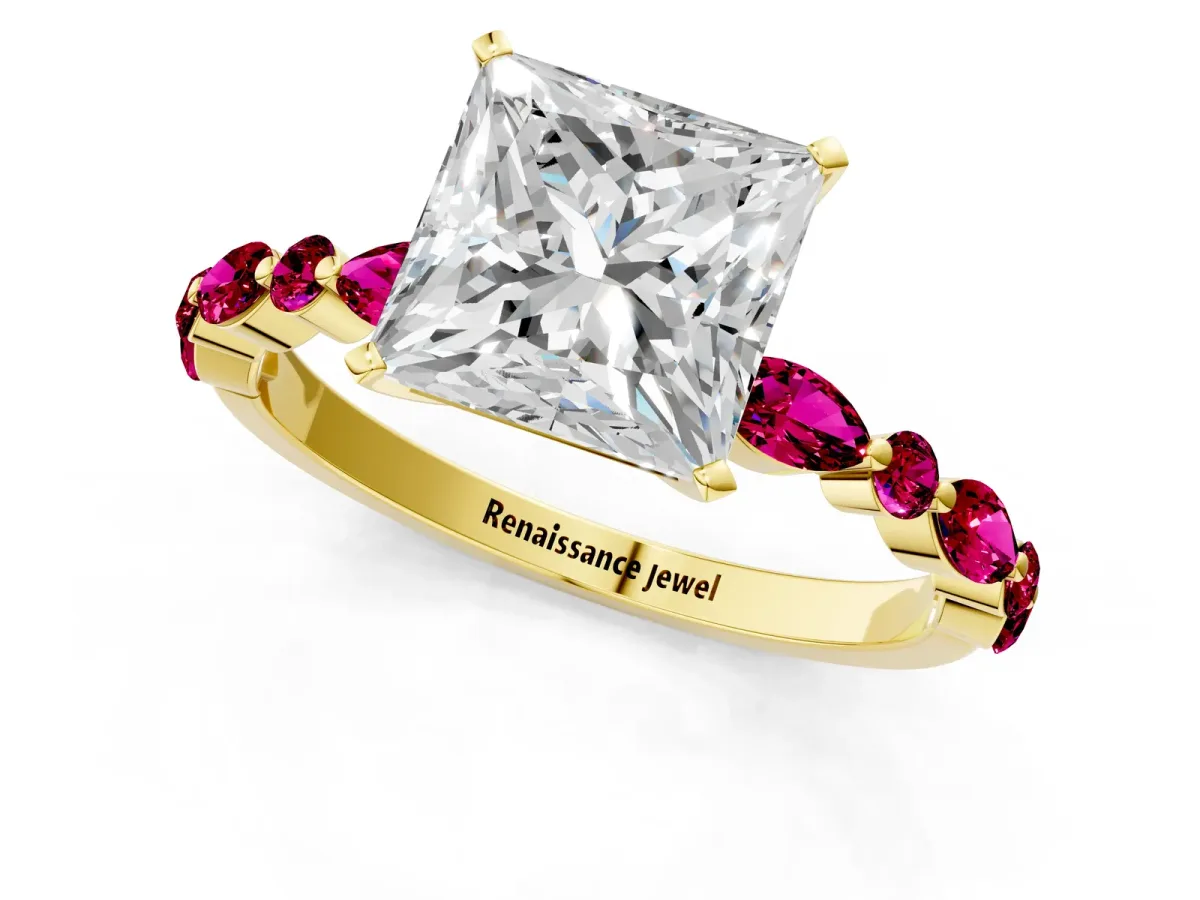 Princess Cut Diamond Ring with Marquise and Round Garnet Side Stones and Four-Prong Setting Yellow gold
