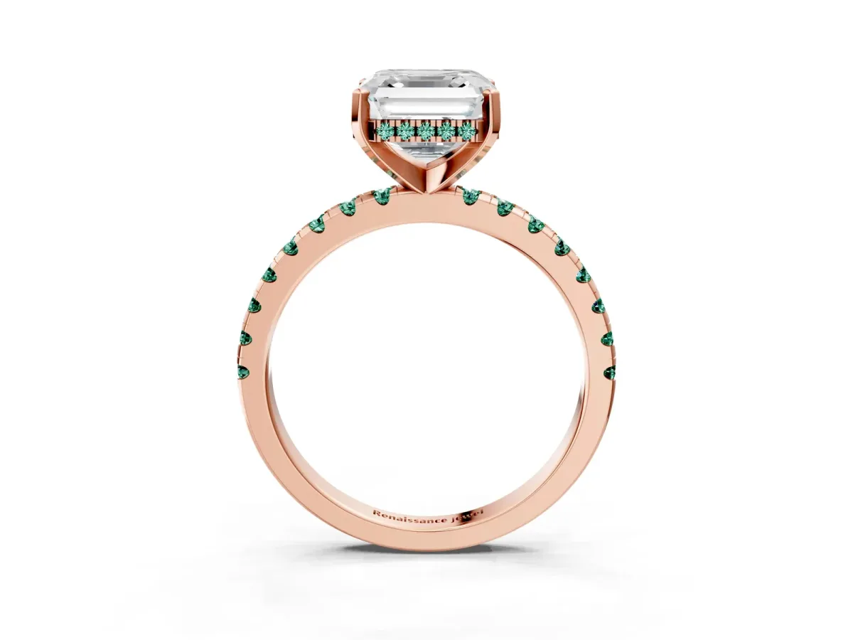 Asscher Cut Diamond Solitaire Ring with Round Green Sapphire Pavé Band and Four-Prong Setting Rose gold
