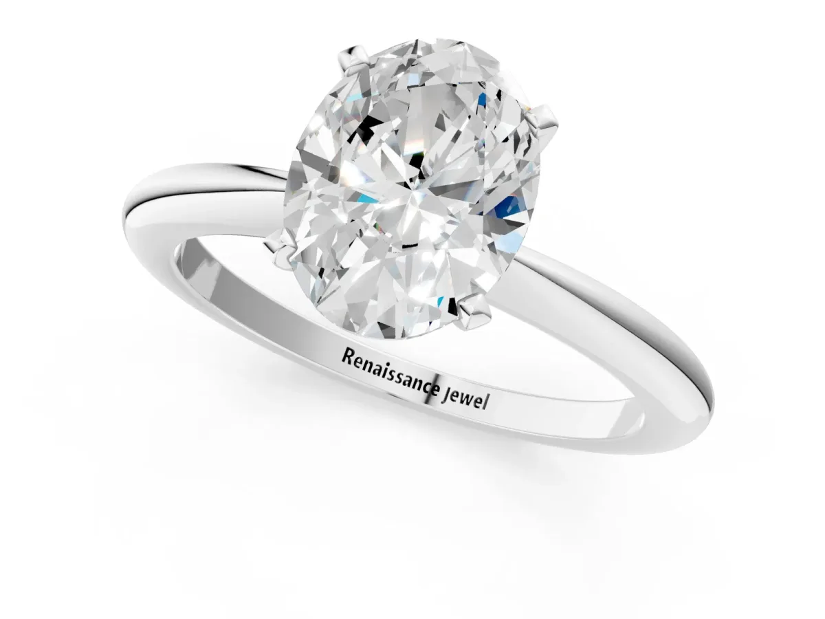 Oval Cut Diamond Solitaire Ring with Six-Prong Setting and Classic Band Silver