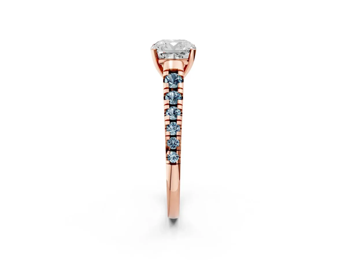Cushion Cut Diamond Cathedral Solitaire Ring with Round Aquamarine Pavé Band Rose gold