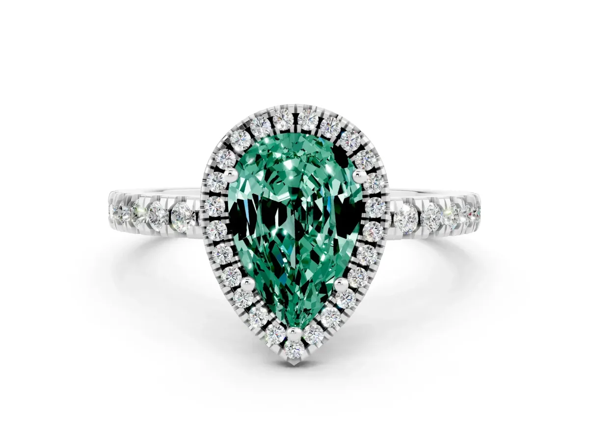 Pear Cut Green Sapphire Classic Halo Engagement Ring with Round Pavé Band and Prong Setting Silver
