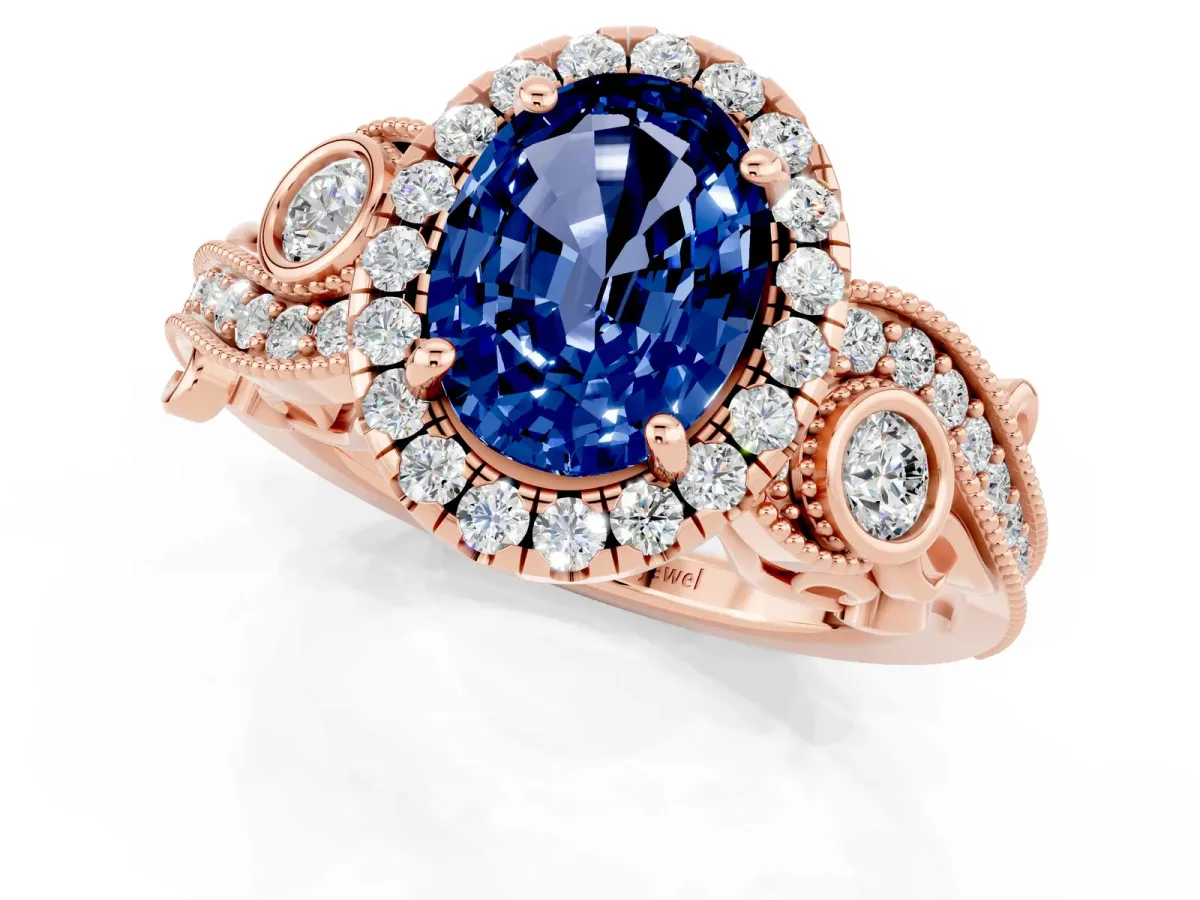 Oval Cut Blue Sapphire Halo Ring with Milgrain Pavé Band and Four-Prong Setting Rose gold
