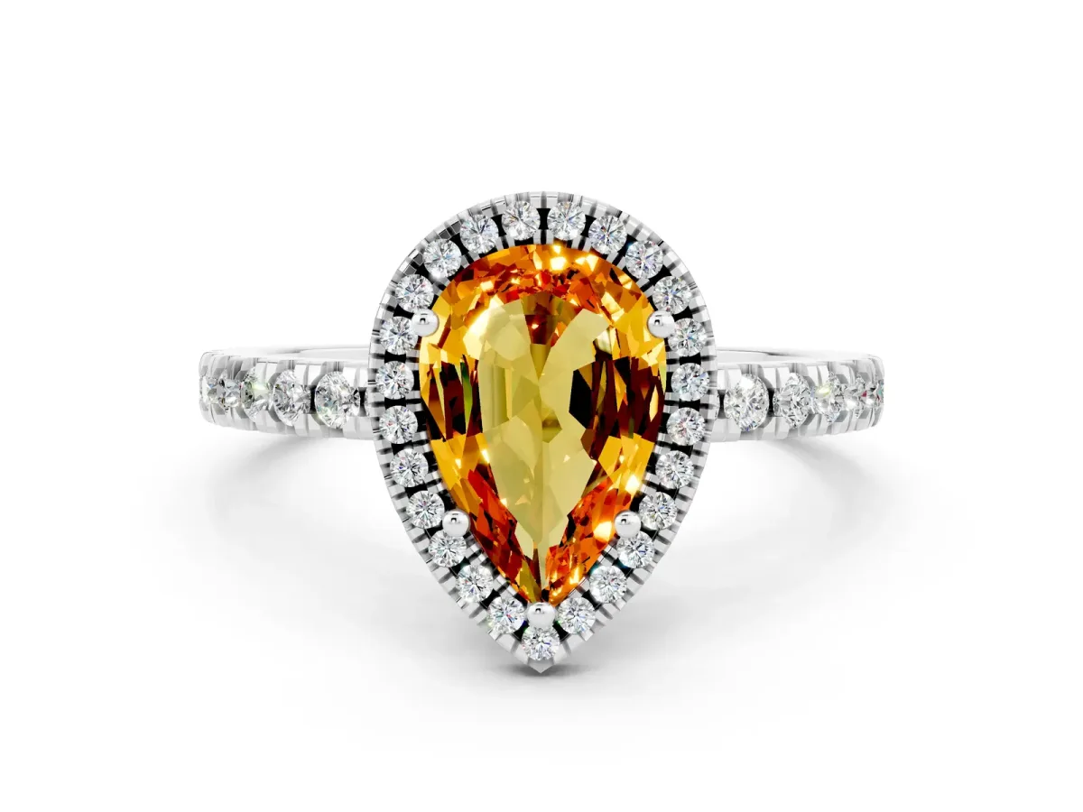 Pear Cut Citrine Classic Halo Engagement Ring with Round Pavé Band and Prong Setting White gold