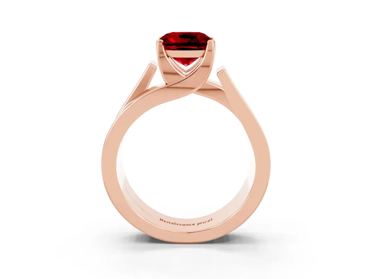 Modern Tension Set Cushion Cut Ruby Solitaire Wide Band Ring Rose gold