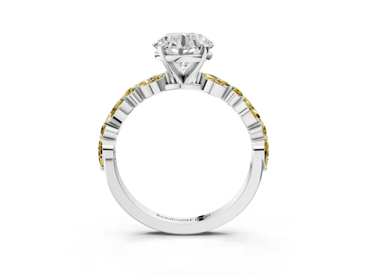 Round Cut Diamond Ring with Marquise and Round Yellow Sapphire Side Stones and Four-Prong Setting Platinum