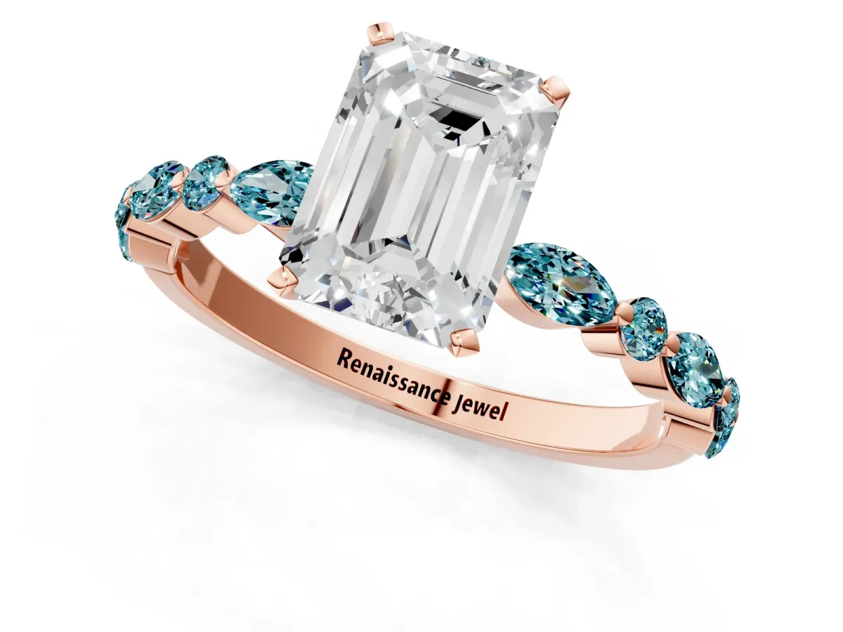 Emerald Cut Diamond Ring with Marquise and Round Blue Topaz Side Stones and Four-Prong Setting Rose gold