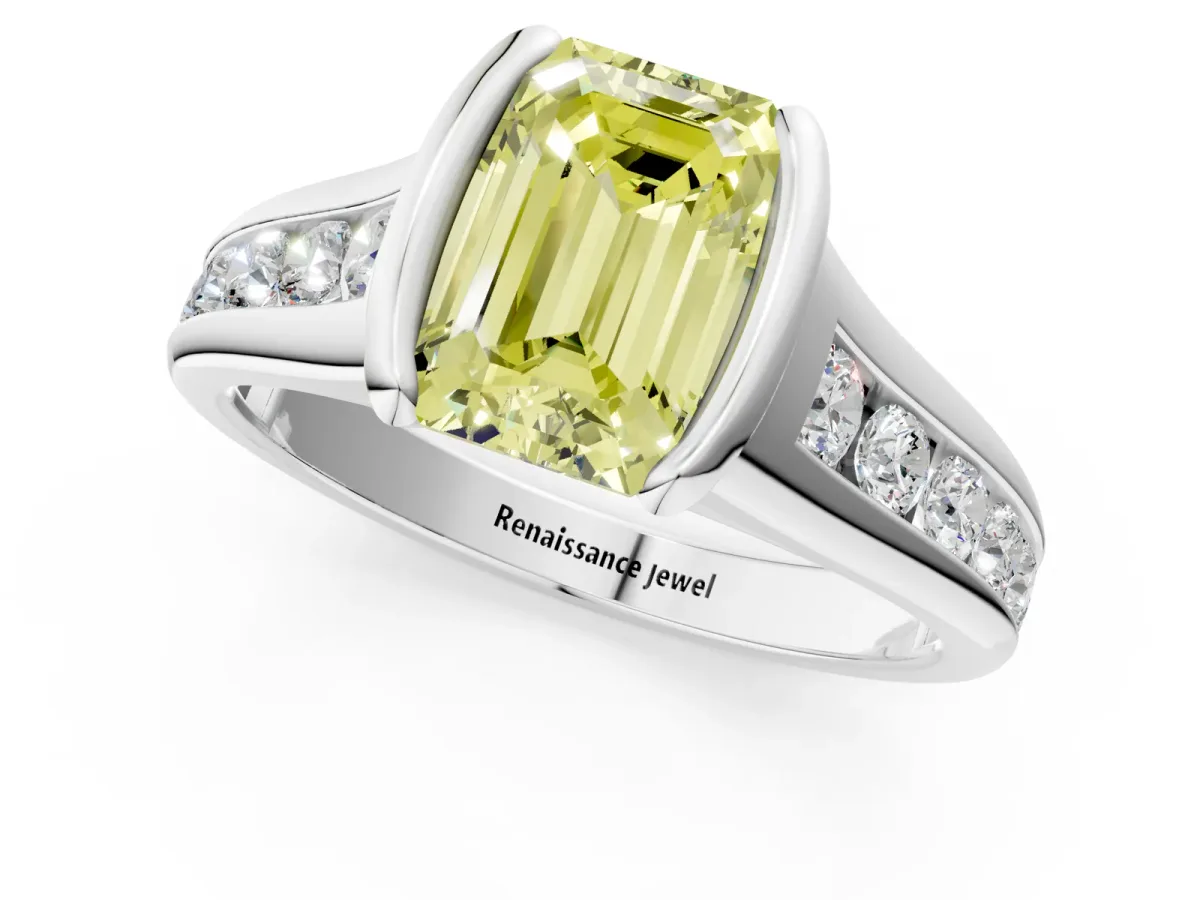 Fancy Yellow Emerald Cut Solitaire Bezel-Set Diamond Ring with Channel-Set Band Platinum