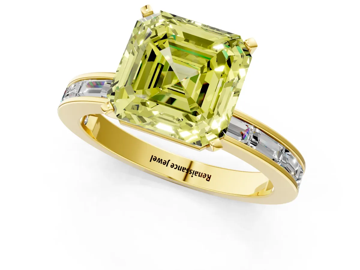 Fancy Yellow Asscher Cut Solitaire Diamond Ring with Channel-Set Baguette Band and Four-Prong Setting Yellow gold