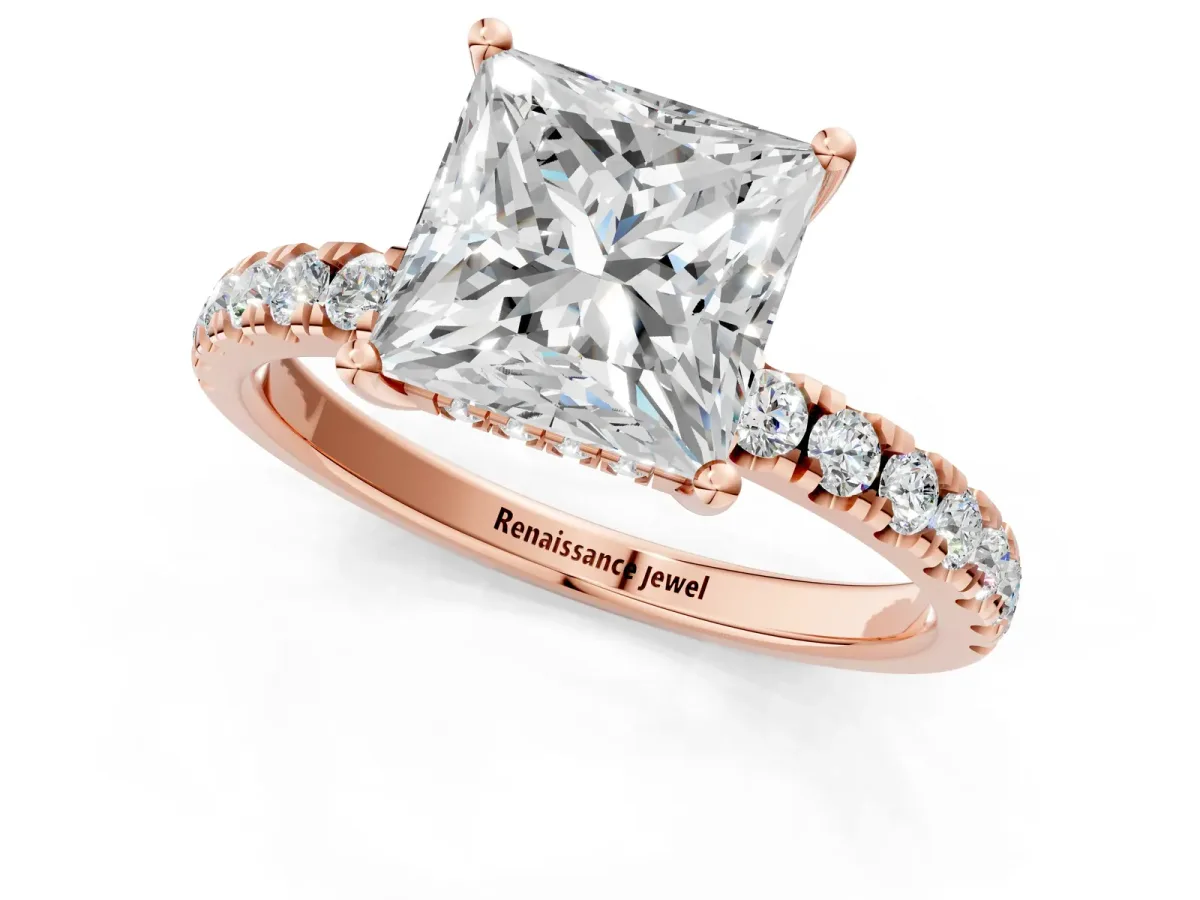 Princess Cut Diamond Pave Band Solitaire Ring with Round Moissanite and Prong Setting Rose gold